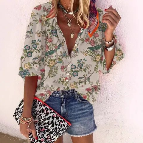 Women's Casual Vintage Paisley Floral Print Blouse Stand Collar Half Sleeve Button Down Loose Bohemian Summer Top