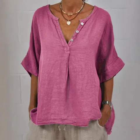Blusa de Algodón y Lino Casual para Mujer Moda Holgada Cuello en V Botón Media Manga Color Sólido Retro Camisa Top para Primavera Verano