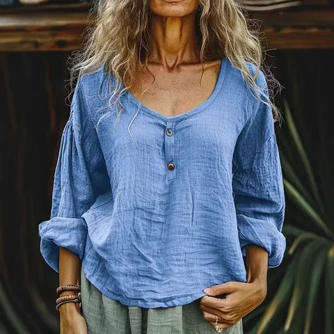 Camisa Casual de Manga Larga para Mujer Mezcla de Algodón Cuello Redondo Botones Frontales Blusa Holgada Vintage Color Sólido Estilo Europeo Top de Primavera
