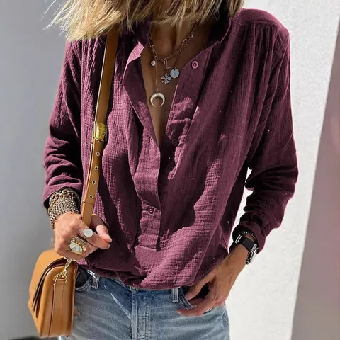 Women Casual Loose Long Sleeve Cotton Polyester Spandex Crinkled Vintage Button Pullover Blouse Top
