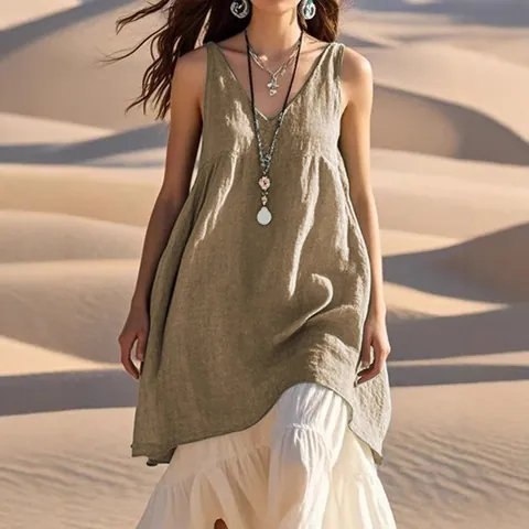 Vestido Casual Sin Mangas con Cuello en V de Mezcla de Lino para Mujer Holgado Liso Estilo Bohemio de Playa Midi