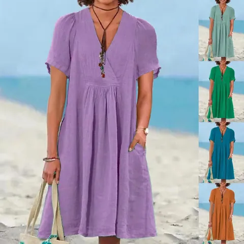 Women Vintage V-Neck Pleated Midi Dress Summer Casual Loose Cotton Polyester Short Sleeve A-Line Dress with Pockets