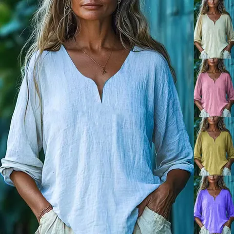 Chemisier Décontracté en Coton Polyester pour Femmes Col en V Manches Longues Patchwork Couleur Unie Top Confortable Respirant Rétro