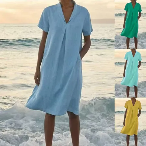 Women Casual Cotton Linen V-Neck Dress With Pockets Summer Loose Short Sleeve Midi Dress For Vacation Vintage Fashion Dress
