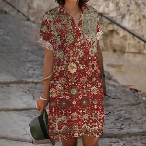 Γυναικείο Casual Τυπωτό Φόρεμα Πουκάμισο Πέτο Κουμπιά Χαλαρό Καλοκαίρι Κοντό Μανίκι Πολυεστέρας Vintage Μποέμικο Ανθικό Φόρεμα