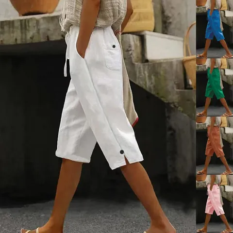 Dames Katoen Linnen Mix Cropped Broek Casual Elastische Taille Trekkoord Broek Met Zakken Effen Kleur Vintage Onderstuk