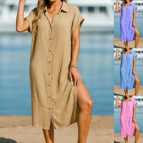 Women's Casual Cotton Blend Shirt Dress Turn-Down Collar Short Sleeve Solid Color Side Slit Loose Fit Maxi Sundress