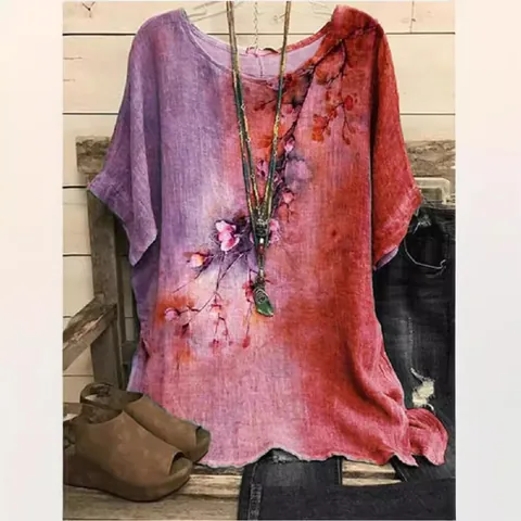 Women Vintage Floral Printed T-Shirt Casual Loose Short Sleeve Round Neck Top Polyester Fashion Summer Tee