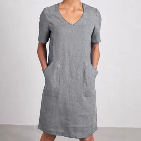 Vestido Midi Casual de Verano para Mujer con Cuello en V y Manga Corta de Algodón y Lino con Bolsillos Vintage Corte Holgado Línea A Color Sólido