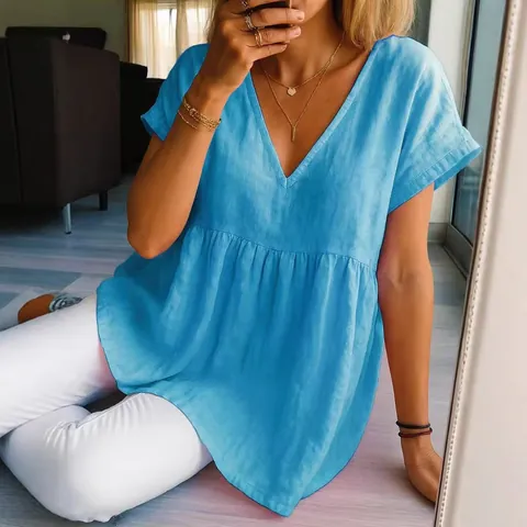 Top Casual con Cuello en V para Mujer de Algodón y Poliéster Blusa Babydoll Plisada de Manga Corta Holgada Camisa de Color Sólido