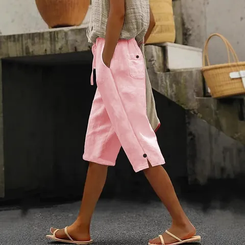 Dames Katoen Linnen Mix Cropped Broek Casual Elastische Taille Trekkoord Broek Met Zakken Effen Kleur Vintage Onderstuk