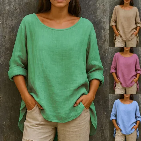 Camiseta de Algodón y Lino Casual Retro para Mujer Holgada Talla Grande Cuello Redondo Manga Larga Color Sólido Con Dobladillo Asimétrico