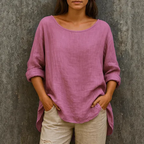 Camiseta de Algodón y Lino Casual Retro para Mujer Holgada Talla Grande Cuello Redondo Manga Larga Color Sólido Con Dobladillo Asimétrico