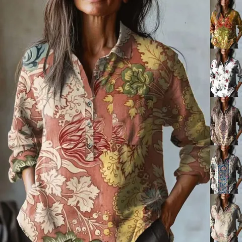 Women Vintage Floral Print Long Sleeve Shirt Casual Loose Pullover Top With Pocket Button V Neck Streetwear Polyester Blouse
