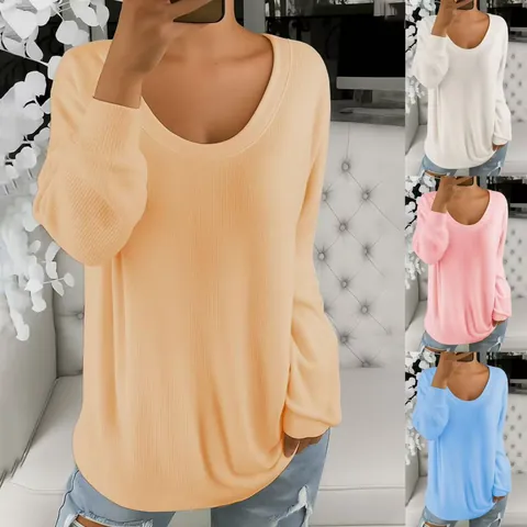 Dames Casual Los Gebreid T-shirt Effen Kleur Ronde Hals Lange Mouw Ribtextuur Herfst Mode Top Voor Dames
