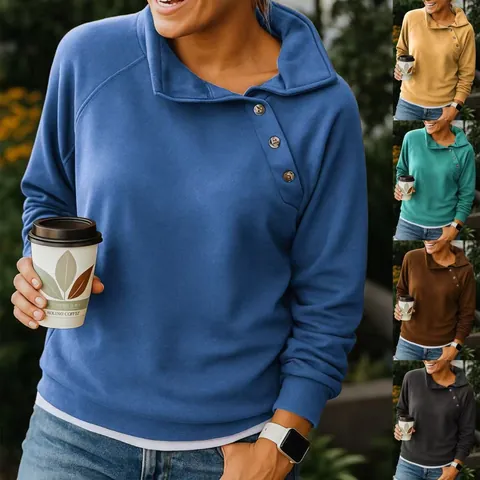 Women Casual Slanted Collar Button Sweatshirt Long Sleeve Pullover Loose Solid Color Polyester Autumn Winter Top