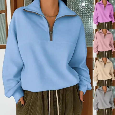 Felpa da Donna Casual Ampia con Mezza Zip Revers Manica Lunga Tinta Unita Autunno Inverno Pile Pullover Top per Donna