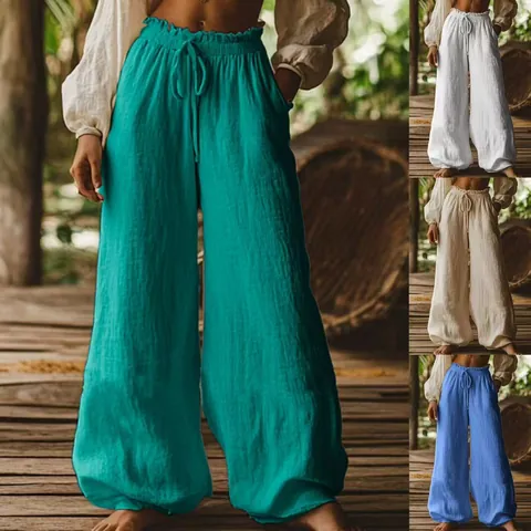 Women Casual Cotton Linen Blend Wide Leg Pants Elastic Waist Drawstring Bottom Loose Retro Solid Color Trousers With Pockets