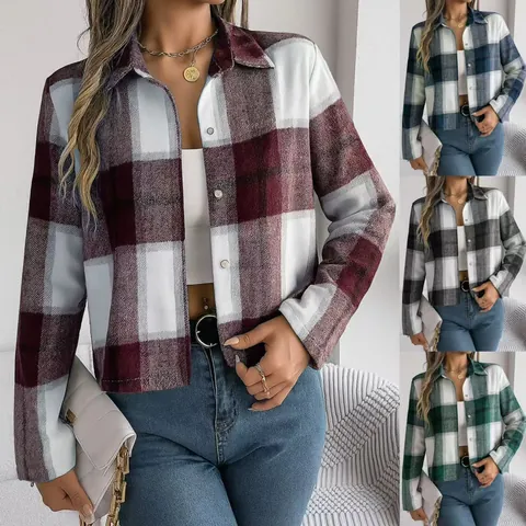 Dames Geruite Jas Bovenkleding Casual Katoenmix Lange Mouw Revers Kraag Overhemdjas Enrijige Knopen Korte Mantel Voor Herfst Winter