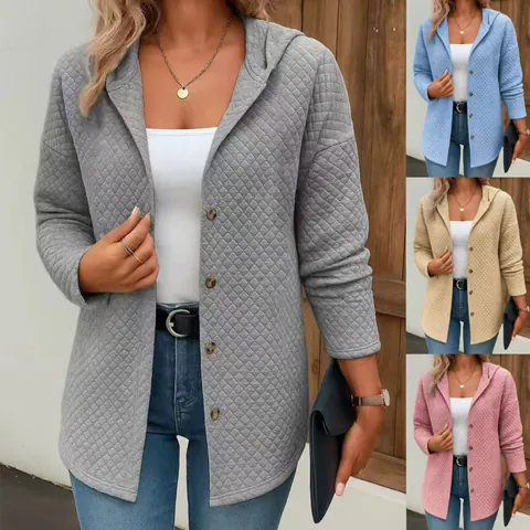 Damen Europäischer Freizeitstil Gestepptes Karomuster Kapuzenjacke Langarm Strickjacke Sweatjacke Für Herbst Winter Outdoor
