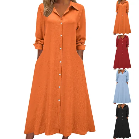 Women Casual Loose Shirt Dress Long Sleeve Lapel Single Breasted Maxi Dress With Pockets Solid Color Polyester Dress