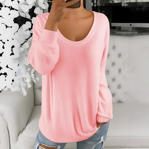 Dames Casual Los Gebreid T-shirt Effen Kleur Ronde Hals Lange Mouw Ribtextuur Herfst Mode Top Voor Dames