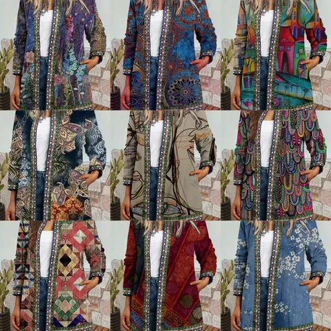 Women Vintage Ethnic Print Open Front Cardigan Plus Size Long Sleeve Jacket Retro Bohemian Mandala Pattern Outerwear