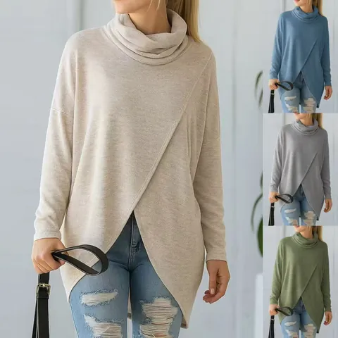 Women's Cowl Neck Knit Sweater Asymmetric Cross Wrap Hem Long Sleeve Loose Casual Solid Color Autumn Pullover Top