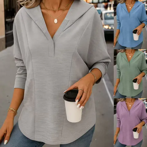 Top de Punto Informal para Mujer con Capucha Poliéster Elastano Cuello en V Suéter de Manga Larga Otoño Color Sólido Moda