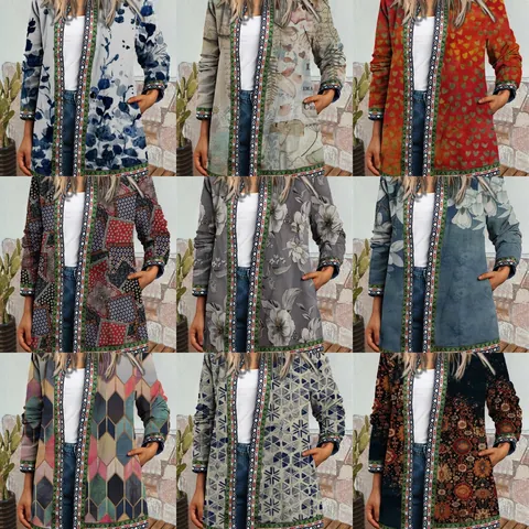 Women Vintage Ethnic Print Open Front Cardigan Plus Size Long Sleeve Jacket Retro Bohemian Mandala Pattern Outerwear