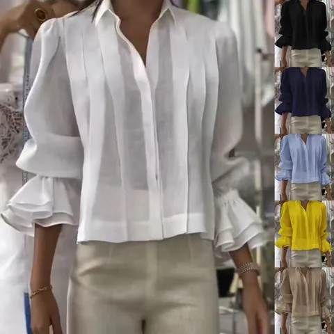 Blusa Plisada Informal de Color Sólido para Mujer con Manga con Volantes Camisa con Botones Top Suelto Streetwear