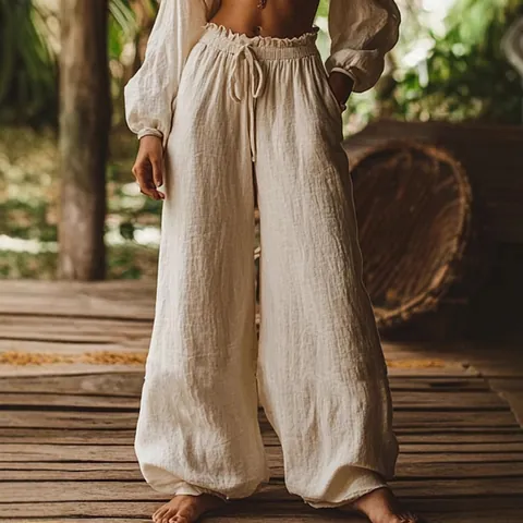 Women Casual Cotton Linen Blend Wide Leg Pants Elastic Waist Drawstring Bottom Loose Retro Solid Color Trousers With Pockets