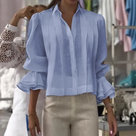 Blusa Plisada Informal de Color Sólido para Mujer con Manga con Volantes Camisa con Botones Top Suelto Streetwear