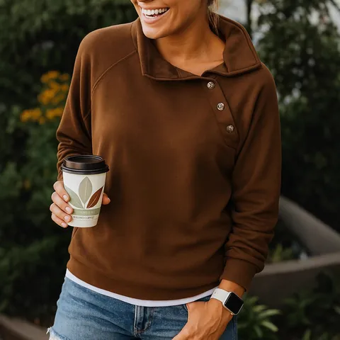 Women Casual Slanted Collar Button Sweatshirt Long Sleeve Pullover Loose Solid Color Polyester Autumn Winter Top