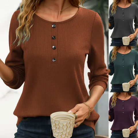 Γυναικείο Casual Μονόχρωμο Μακρυμάνικο Henley Top Κουμπί Στρογγυλή Λαιμόκοψη Πλεκτή Υφή Χαλαρή Εφαρμογή Φθινοπωρινή Μόδα