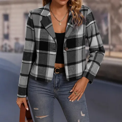 Chaqueta Blazer de Cuadros Vintage para Mujer Abrigo Corto de Lana Elegante Mezcla de Algodón Solapa con Muescas Prendas de Vestir
