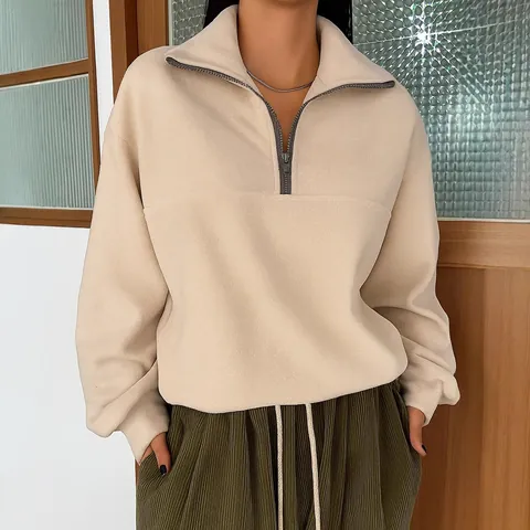 Felpa da Donna Casual Ampia con Mezza Zip Revers Manica Lunga Tinta Unita Autunno Inverno Pile Pullover Top per Donna