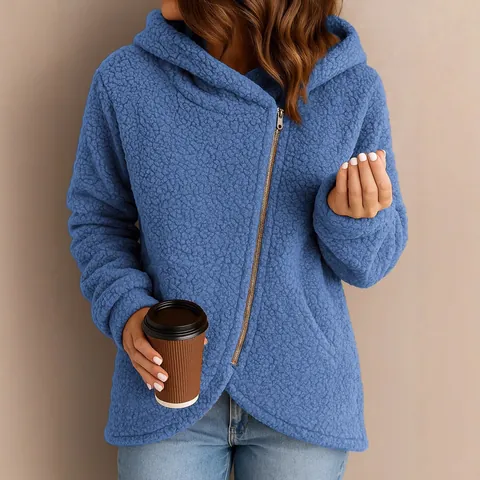 Chaqueta con Capucha de Forro Polar Sherpa para Mujer Otoño Invierno Holgada Casual Cremallera Diagonal Manga Larga