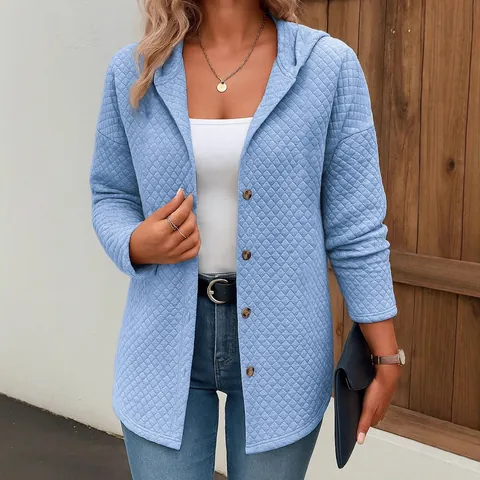 Damen Europäischer Freizeitstil Gestepptes Karomuster Kapuzenjacke Langarm Strickjacke Sweatjacke Für Herbst Winter Outdoor