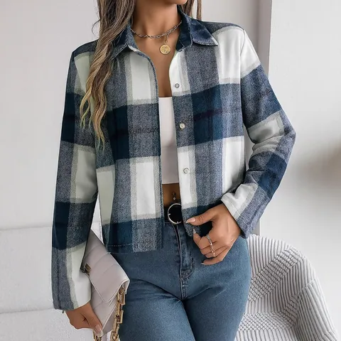 Dames Geruite Jas Bovenkleding Casual Katoenmix Lange Mouw Revers Kraag Overhemdjas Enrijige Knopen Korte Mantel Voor Herfst Winter
