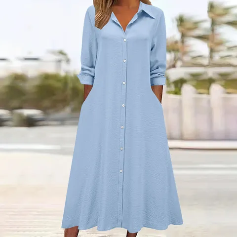 Women Casual Loose Shirt Dress Long Sleeve Lapel Single Breasted Maxi Dress With Pockets Solid Color Polyester Dress