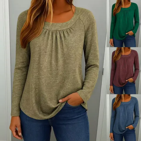Women Casual Long Sleeve T-Shirt Pleated Round Neck Solid Color Polyester Spandex Knitted Top Vintage Literary Loose Fit Tee