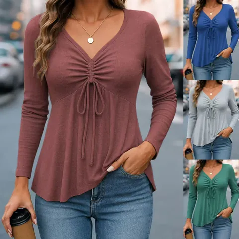 Dames Casual V-hals Trekkoord Gerimpeld Lange Mouw Top Gebreid Geribbeld Effen Kleur T-Shirt Herfst Mode Kleding