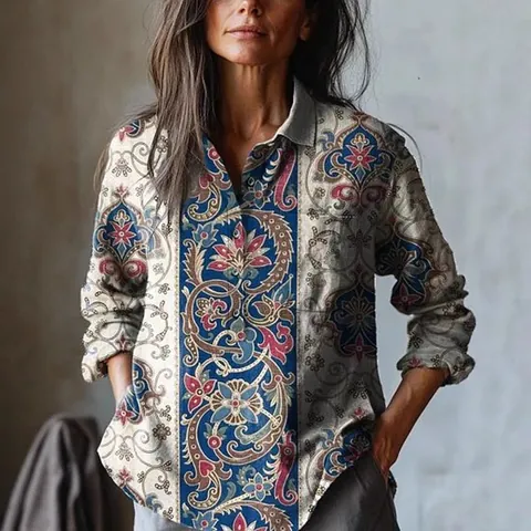 Women Vintage Floral Print Long Sleeve Shirt Casual Loose Pullover Top With Pocket Button V Neck Streetwear Polyester Blouse
