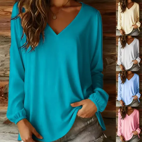 Women Casual Solid V-Neck Long Sleeve Blouse Top Polyester Loose Fashion Pullover Shirt For Autumn Daily Wear