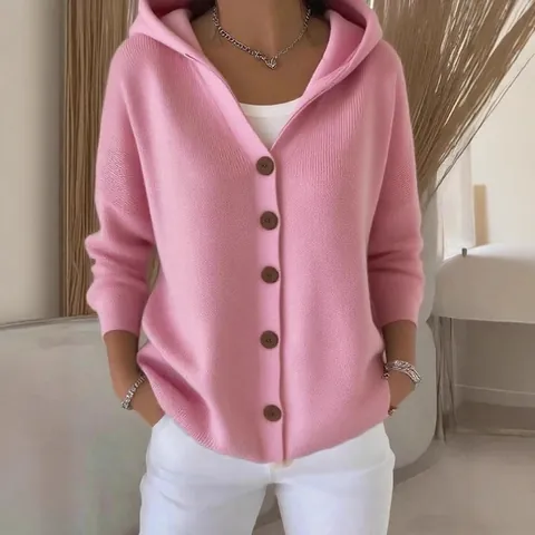 Cárdigan con Capucha de Punto Holgado Informal para Mujer Chaqueta de Manga Larga con Botones Delanteros de Poliéster Rosa