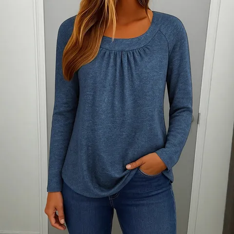 Women Casual Long Sleeve T-Shirt Pleated Round Neck Solid Color Polyester Spandex Knitted Top Vintage Literary Loose Fit Tee