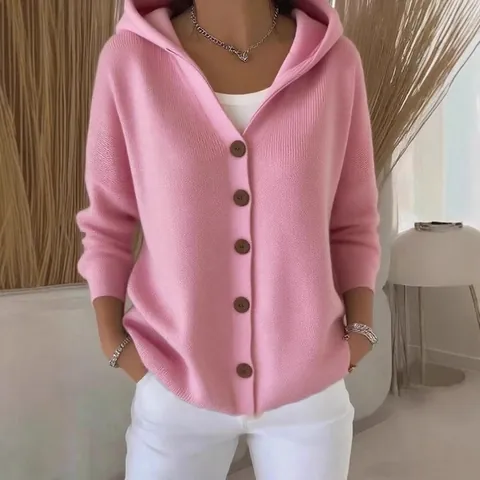 Cárdigan con Capucha de Punto Holgado Informal para Mujer Chaqueta de Manga Larga con Botones Delanteros de Poliéster Rosa