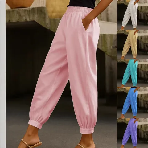 Pantalon Décontracté en Coton Lin pour Femmes Taille Élastique Pantalon Fuselé Couleur Unie Jogger Longueur Totale Avec Poches Latérales Style Rétro