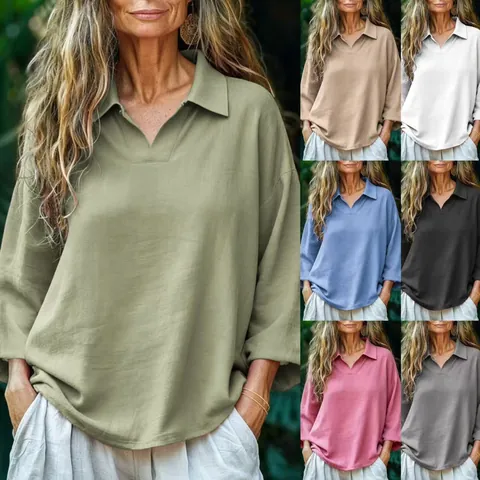 Dames Casual Losse Katoenmix Lange Mouw Overhemd Vintage Effen Kleur Revers V-Hals Pullover Top Herfst Mode Blouse